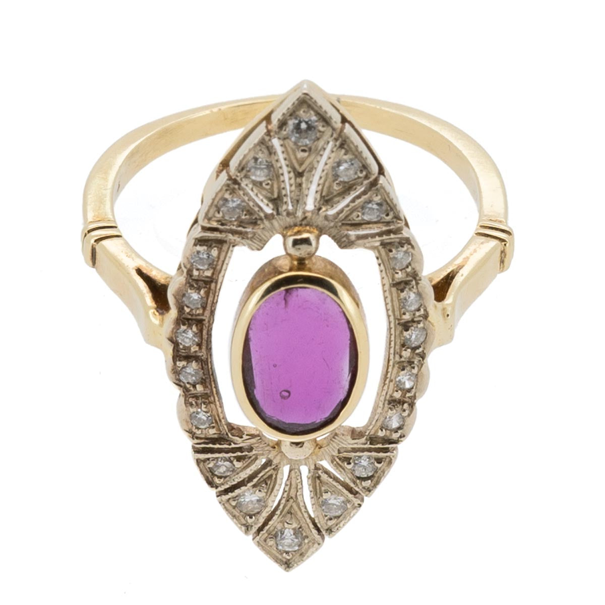1031 Antiker, goldener „Wiener-Schmäh“-Ring mit Diamanten & Turmalin, Art Déco um 1930