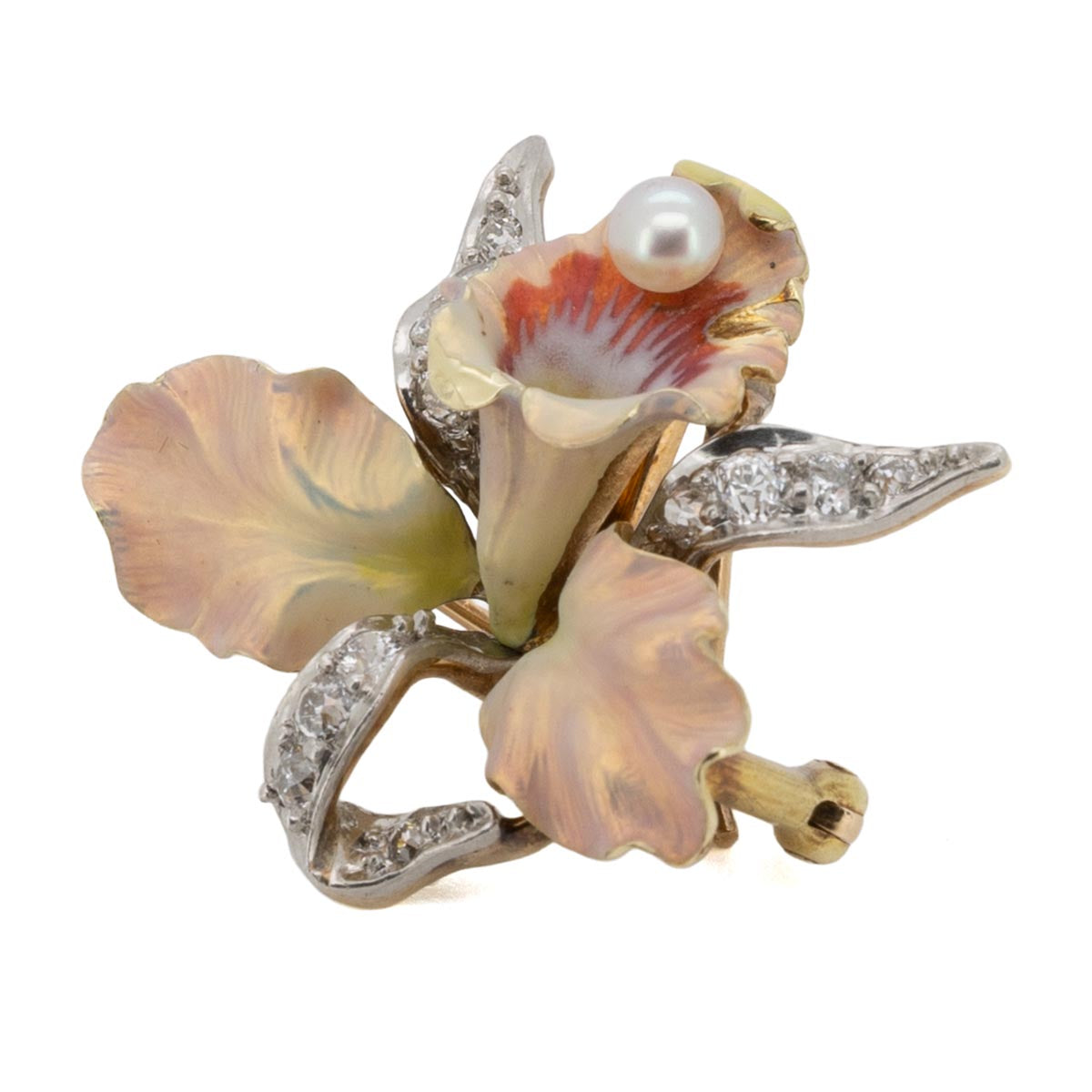 1084 antike Orchidee-Brosche im Jugendstil mit Diamanten um 1900