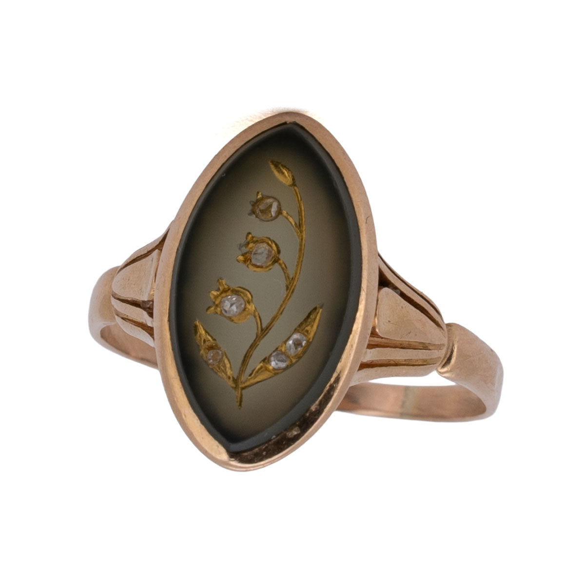 1094 Maiglöckchen-Ring · Grüner Achat mit Diamanten · Handarbeit um 1980 · 14 K Roségold