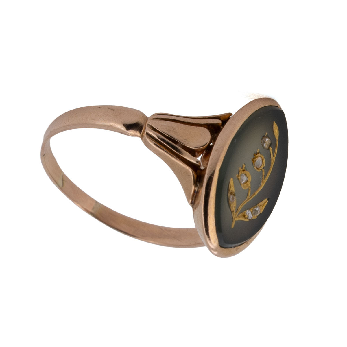 1094 Maiglöckchen-Ring · Grüner Achat mit Diamanten · Handarbeit um 1980 · 14 K Roségold