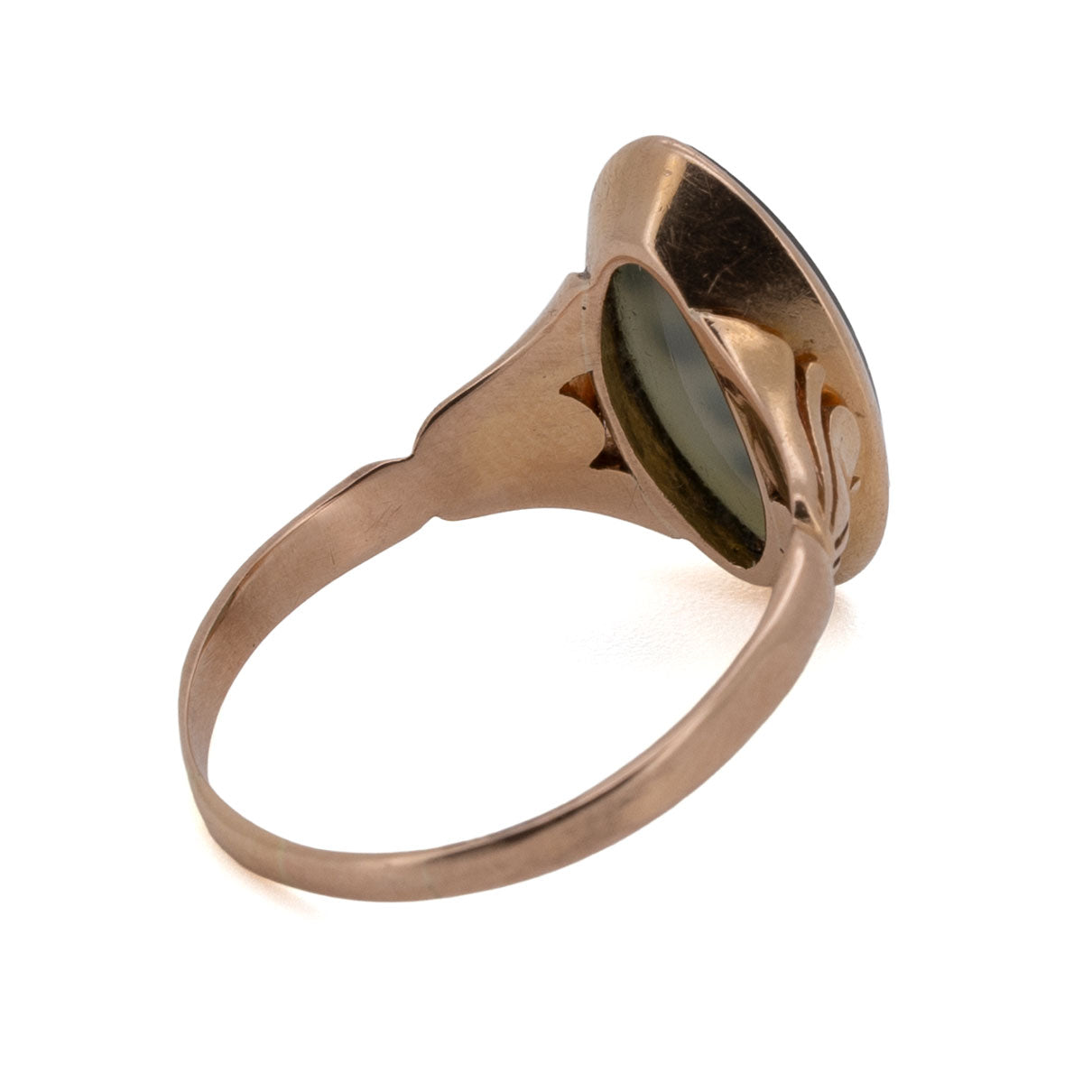 1094 Maiglöckchen-Ring · Grüner Achat mit Diamanten · Handarbeit um 1980 · 14 K Roségold
