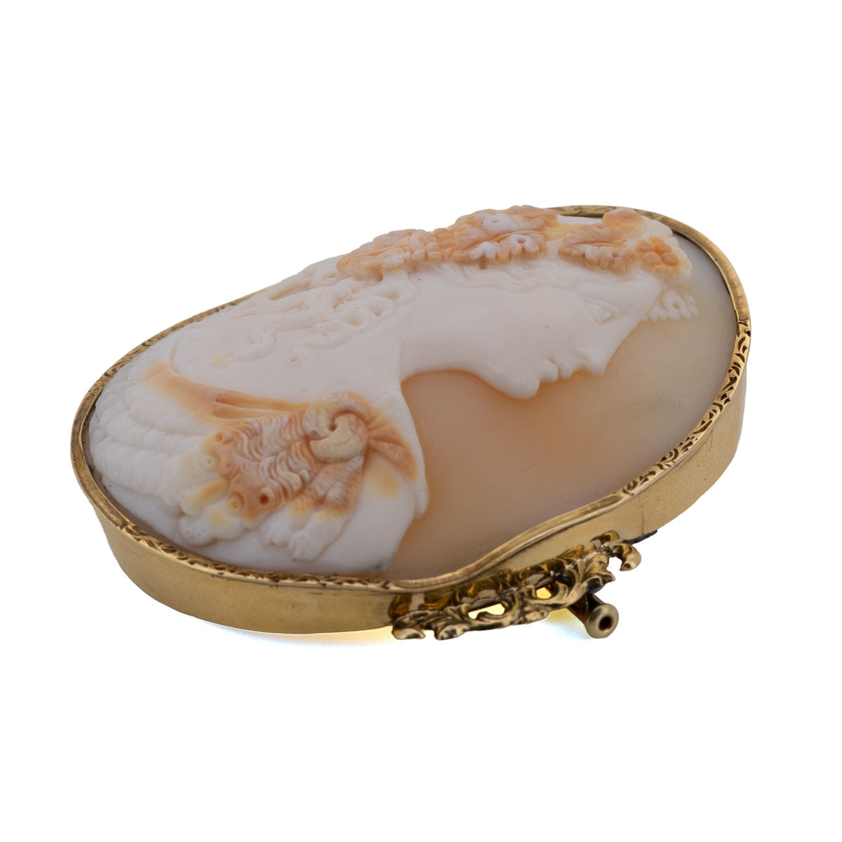 1098 Antike Kamee-Brosche „Flora“ – Muschel-Kamee in 585 Gold um 1840 (Biedermeier)