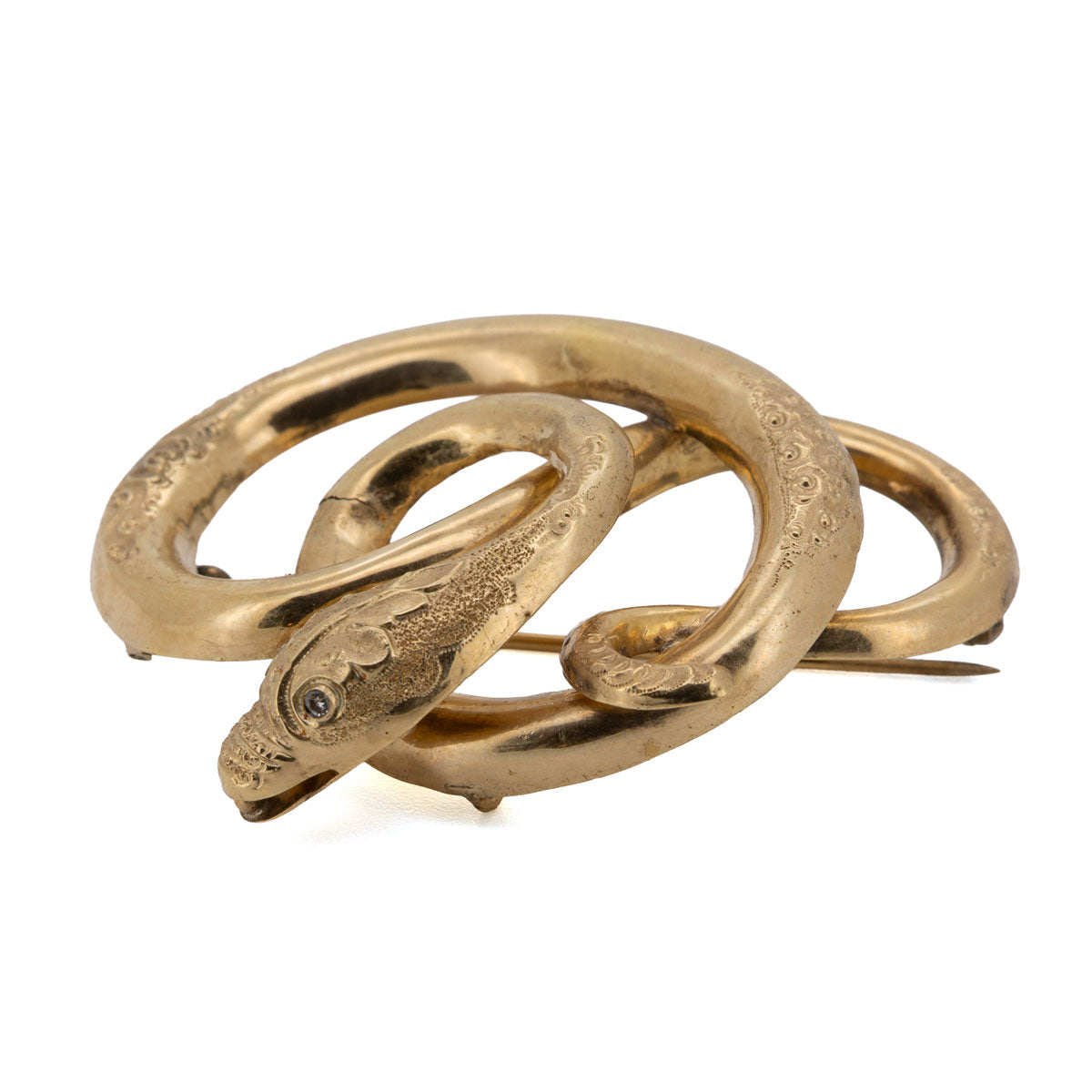 1102 – Große ausgefallene Schlangenbrosche mit Diamanten – 585 Gelbgold, Biedermeier um 1840