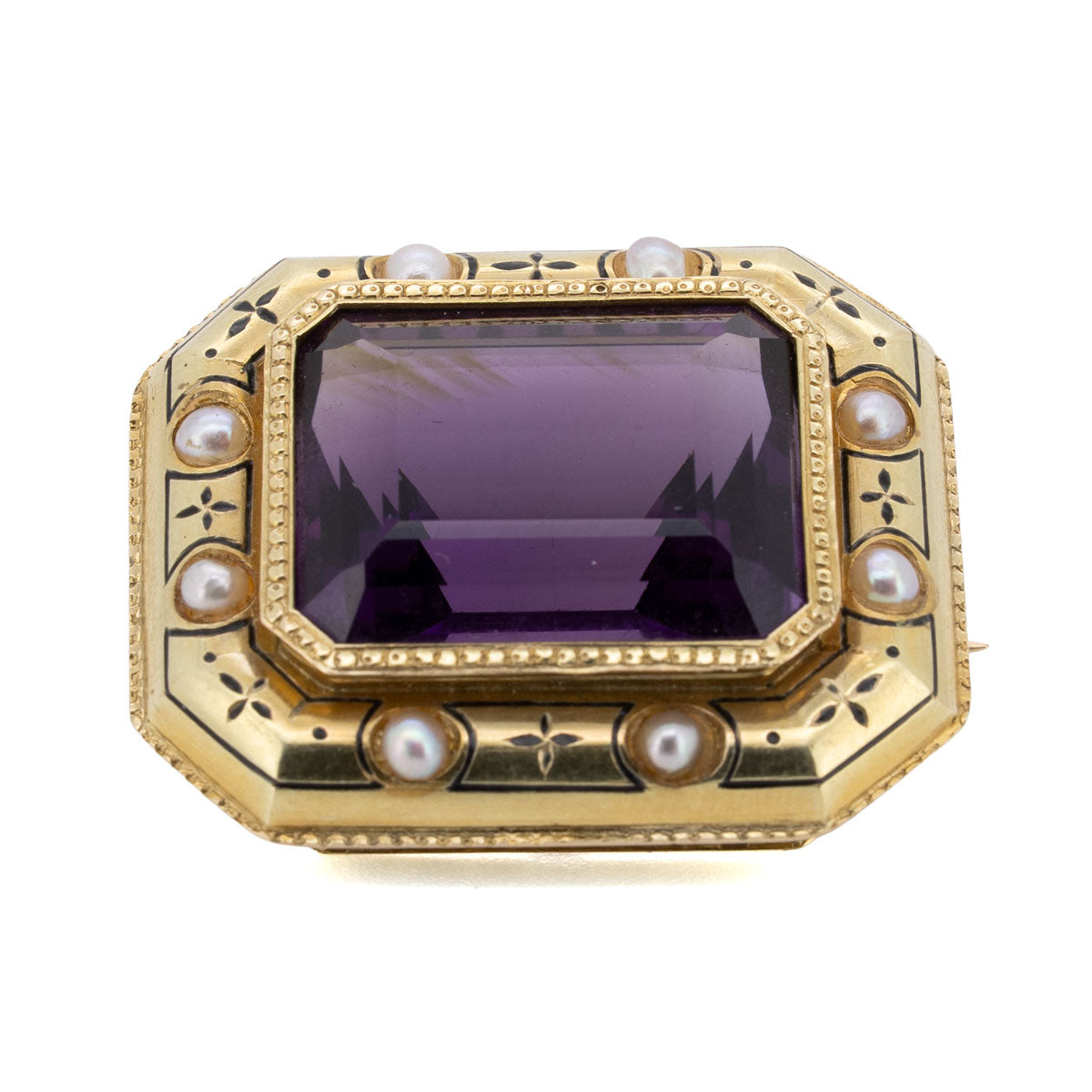 1106 – Amethyst-Perl-Emaille-Brosche – 585 Gelbgold mit Amethyst & Perlen, um 1880