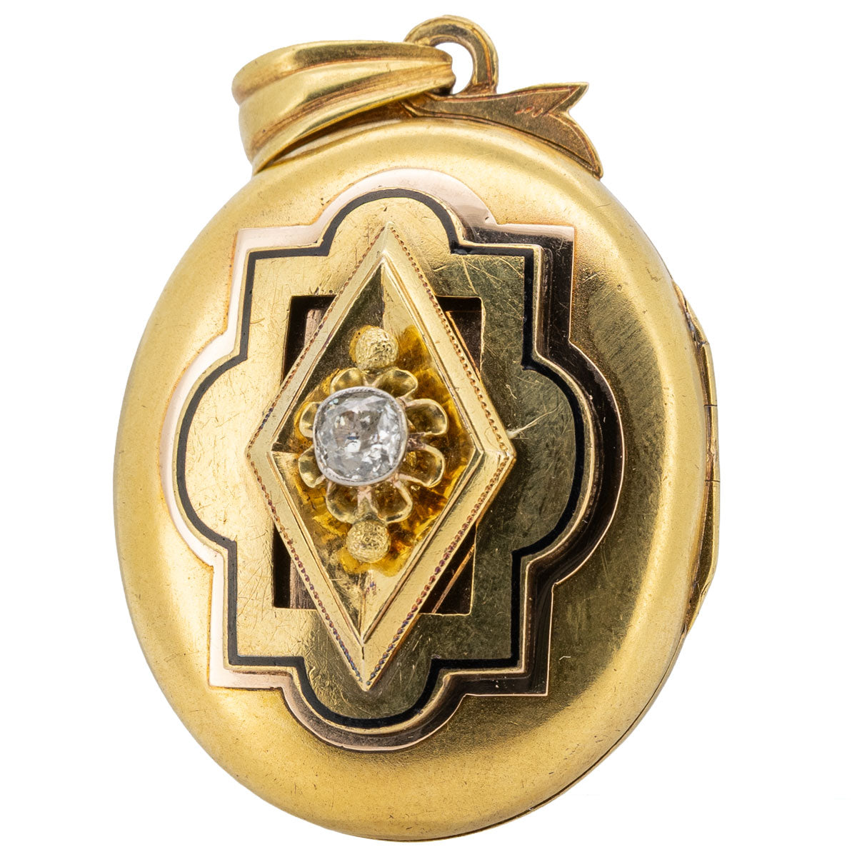 1173 – Antikes Medaillon Anhänger mit schwarzer Emaille und Diamant – 18 Karat Gold, Frankreich um 1840