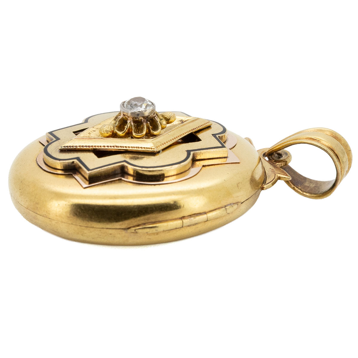 1173 – Antikes Medaillon Anhänger mit schwarzer Emaille und Diamant – 18 Karat Gold, Frankreich um 1840