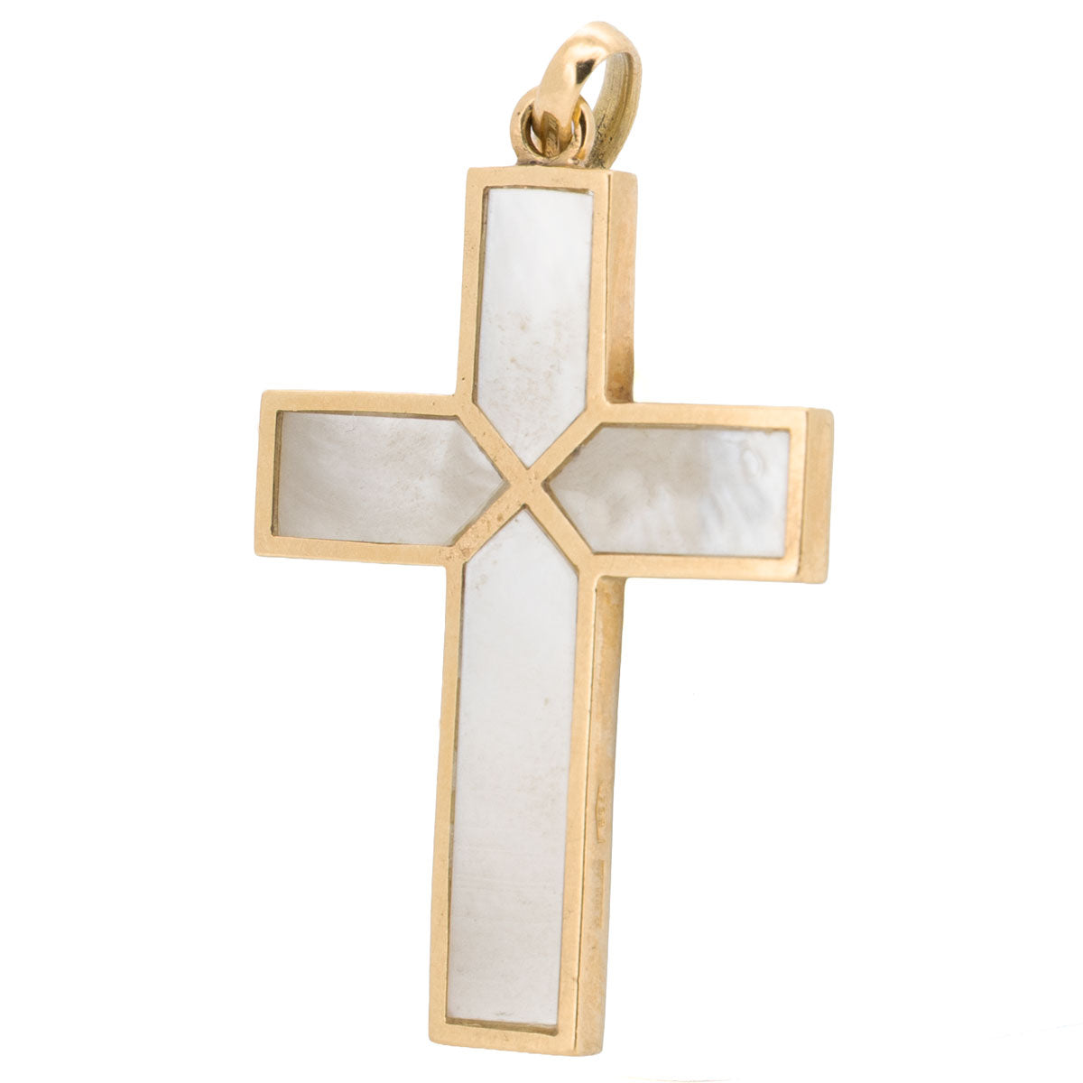 1174 – Kreuz Anhänger aus 750 Gelbgold mit Perlmutt – Vintage, um 1980