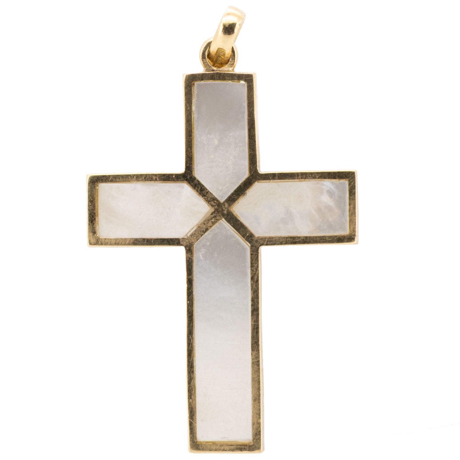 1174 – Kreuz Anhänger aus 750 Gelbgold mit Perlmutt – Vintage, um 1980