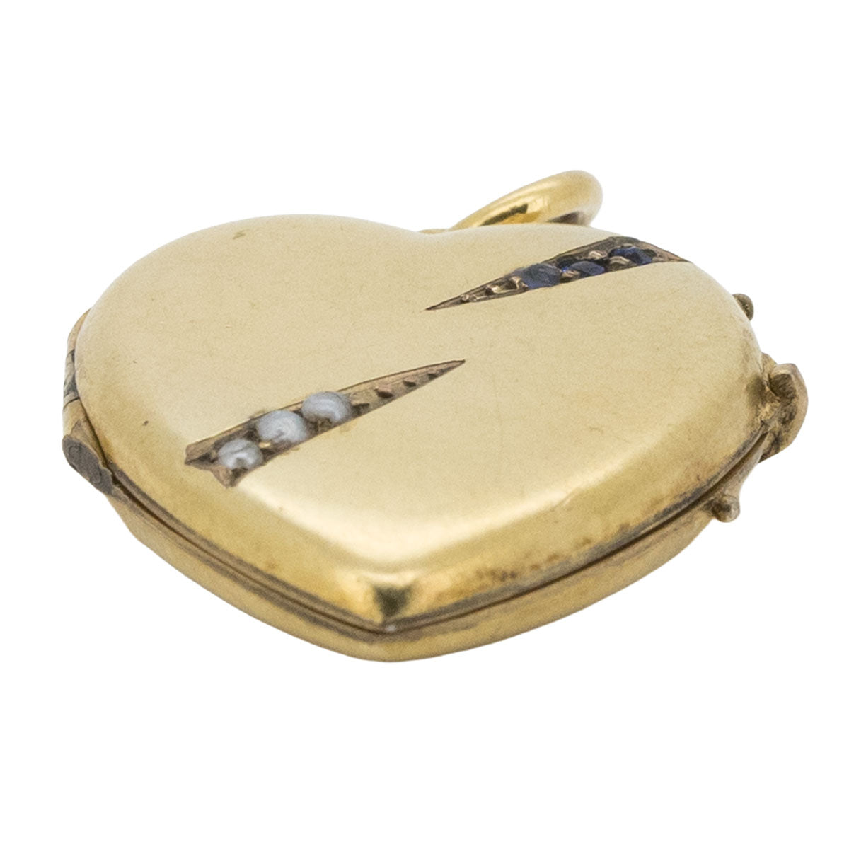 1180 – Jugendstil Herz Medaillon Anhänger aus 585 Gelbgold mit Saphir und Flussperlen – Berlin, um 1900