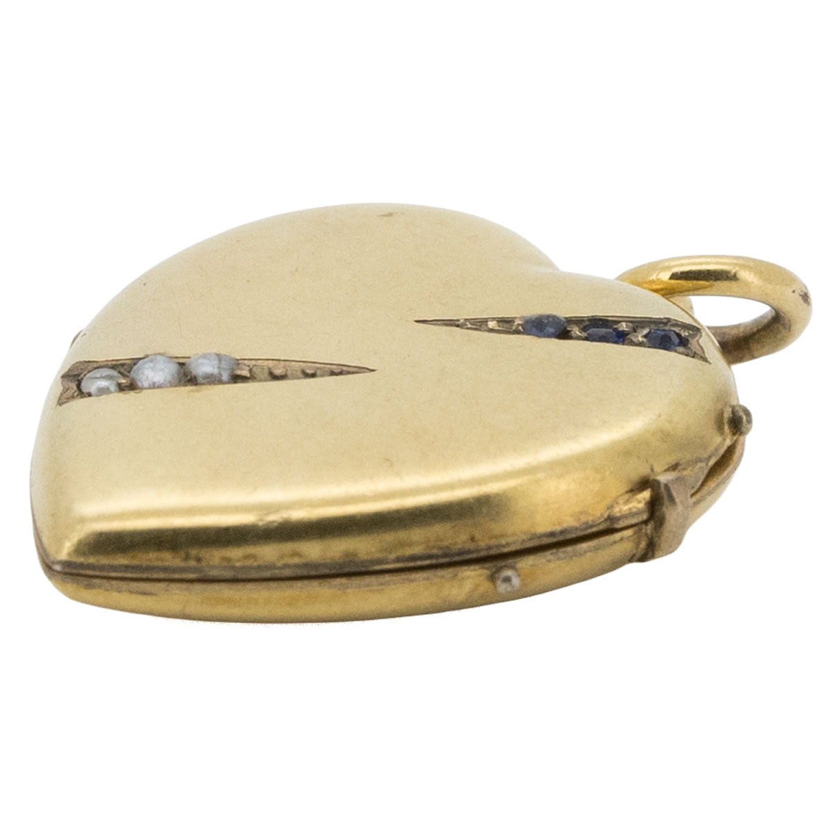 1180 – Jugendstil Herz Medaillon Anhänger aus 585 Gelbgold mit Saphir und Flussperlen – Berlin, um 1900