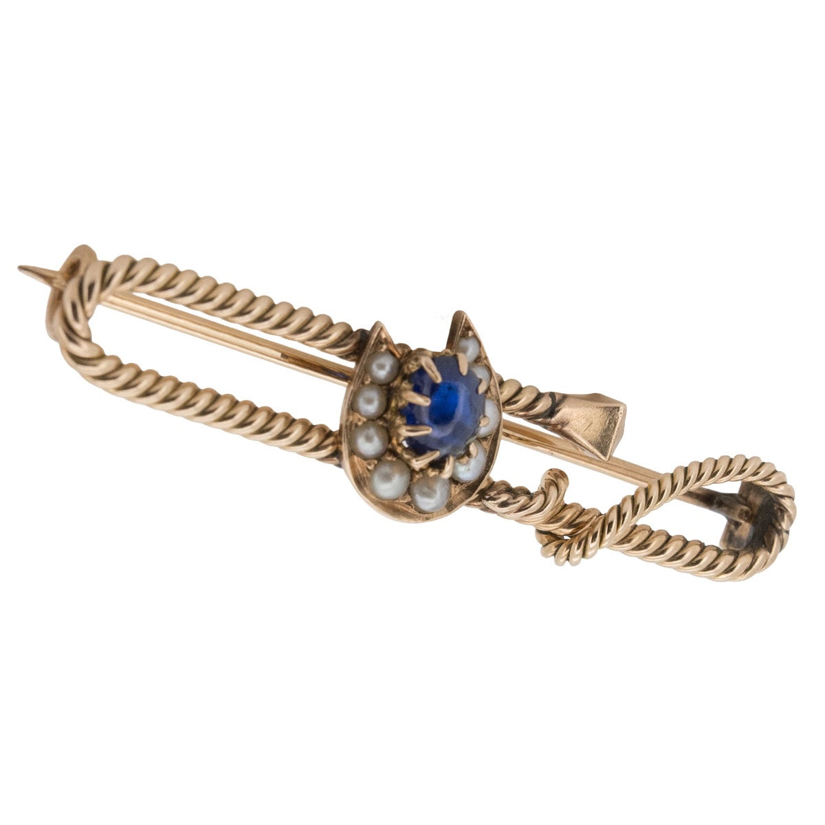 1186 – Hufeisenbrosche mit Gerte aus 585 Roségold mit Saphiren und Naturperlen – Italien, um 1880