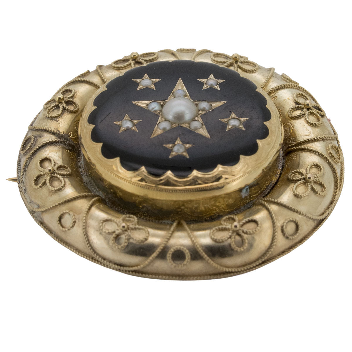 1195 – Antike große Biedermeierbrosche aus 585 Gelbgold mit Naturperlen und schwarzer Emaille – um 1840