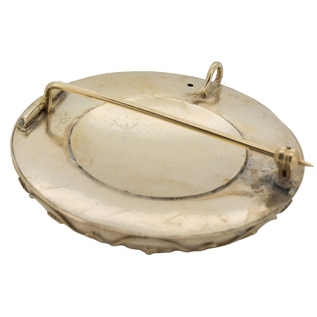 1195 – Antike große Biedermeierbrosche aus 585 Gelbgold mit Naturperlen und schwarzer Emaille – um 1840