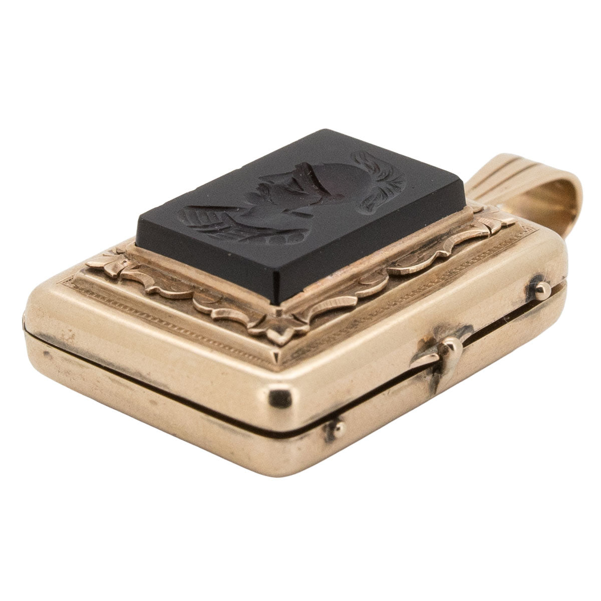 1197 – Antikes Medaillon / Anhänger aus 585 Roségold mit Onyx (schwarzer Achat) und Kriegerprofil – um 1870