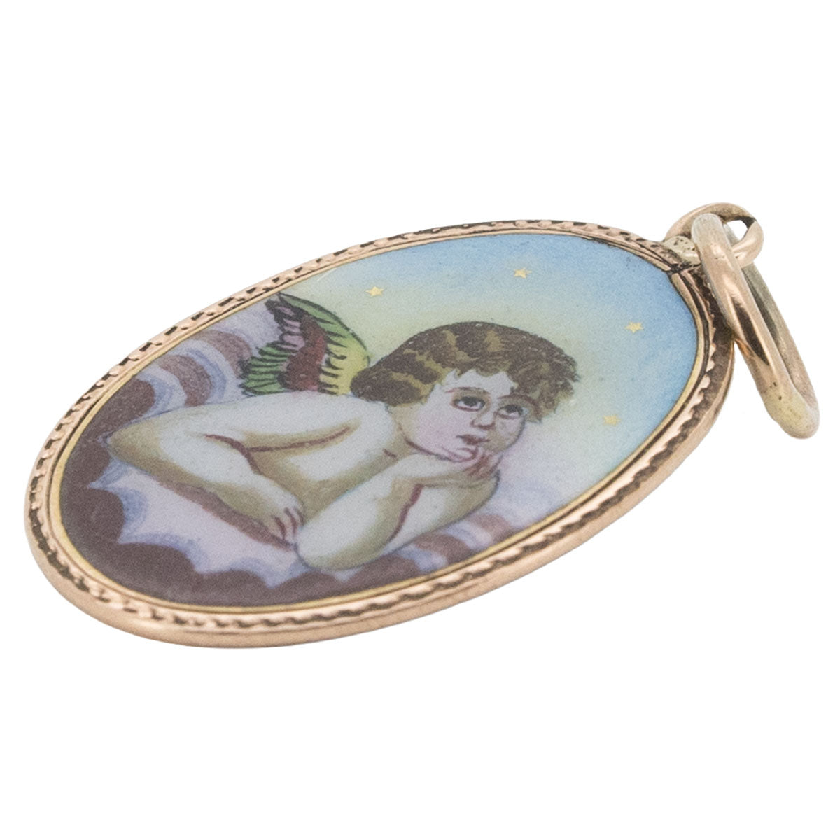 1199 – Antiker handgemalter Emaille-Anhänger „Engel Raffael“ aus 585 Roségold – um 1900