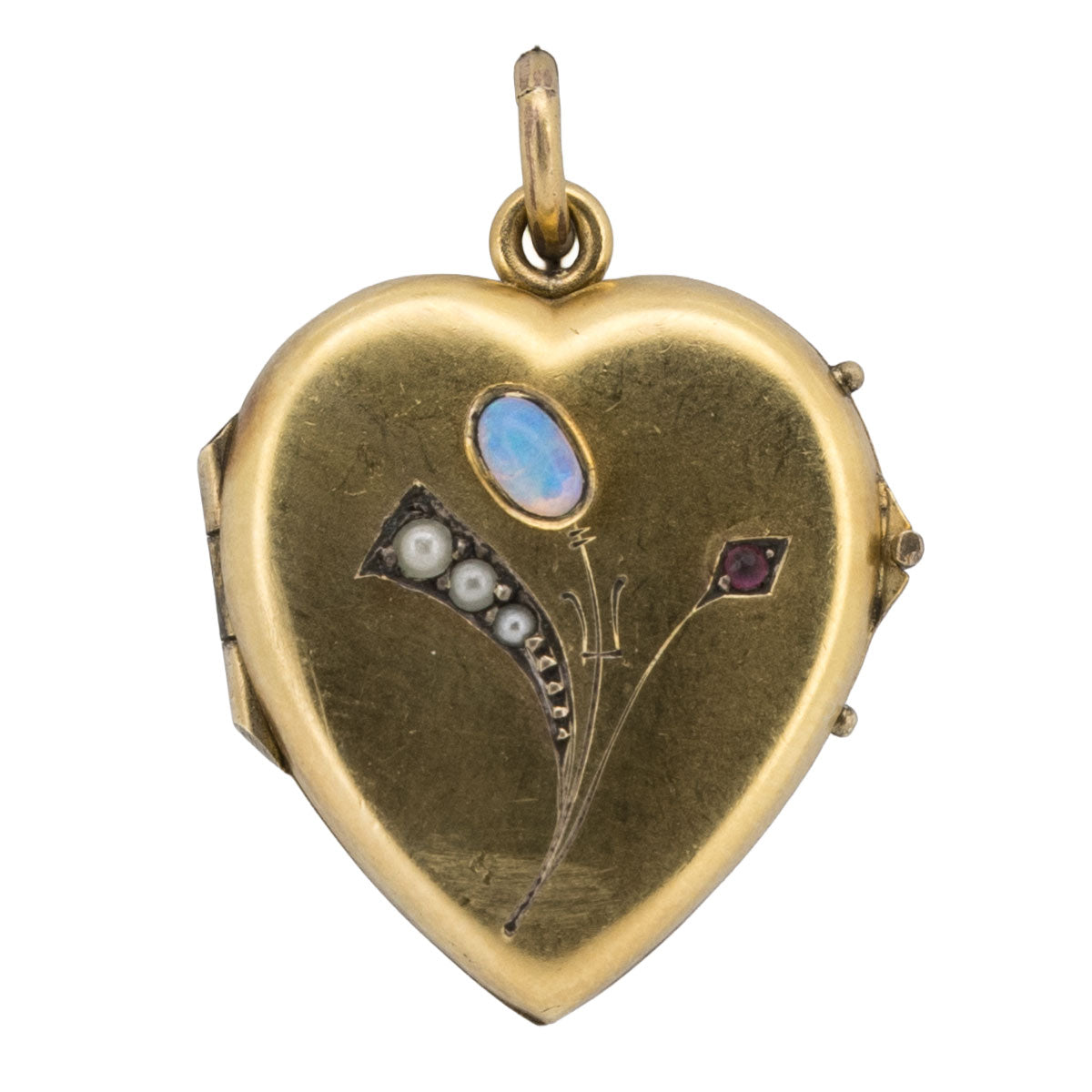 1201 – Antiker Herzanhänger / Medaillon im Jugendstil aus Golddouble mit Opal, Naturperlen und Rubin – um 1900