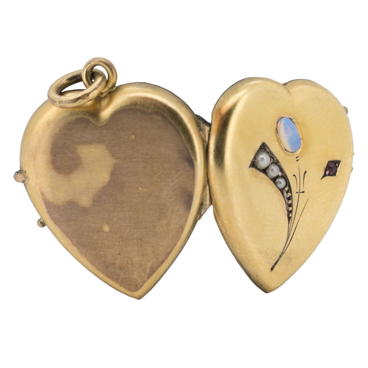1201 – Antiker Herzanhänger / Medaillon im Jugendstil aus Golddouble mit Opal, Naturperlen und Rubin – um 1900