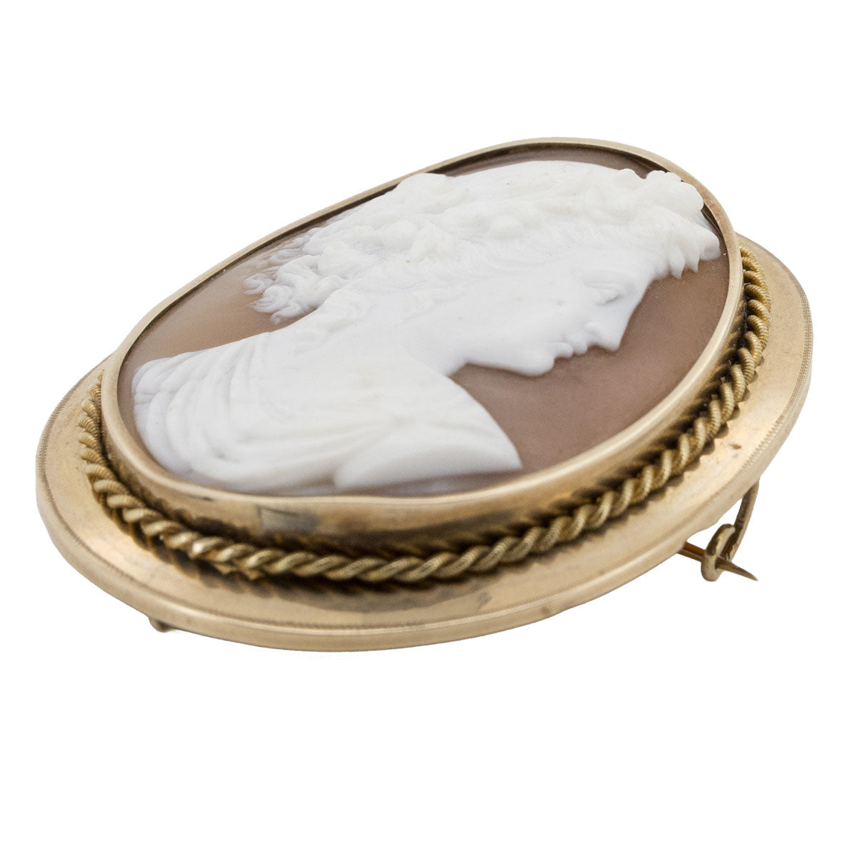 1203 – Antiker Kamee Anhänger / Brosche aus 585 Gelbgold mit handgeschnittener Muschelkamee – um 1870