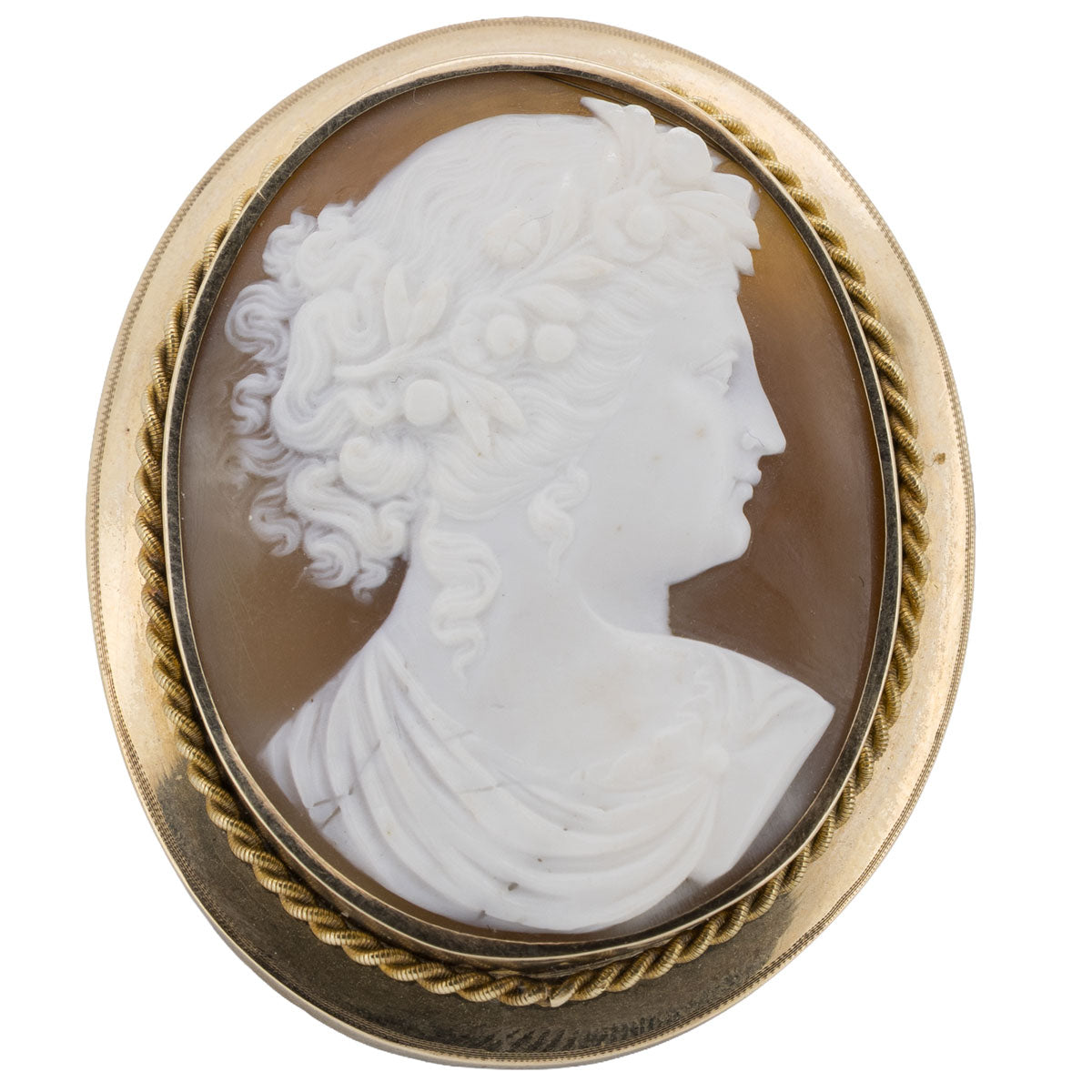 1203 – Antiker Kamee Anhänger / Brosche aus 585 Gelbgold mit handgeschnittener Muschelkamee – um 1870