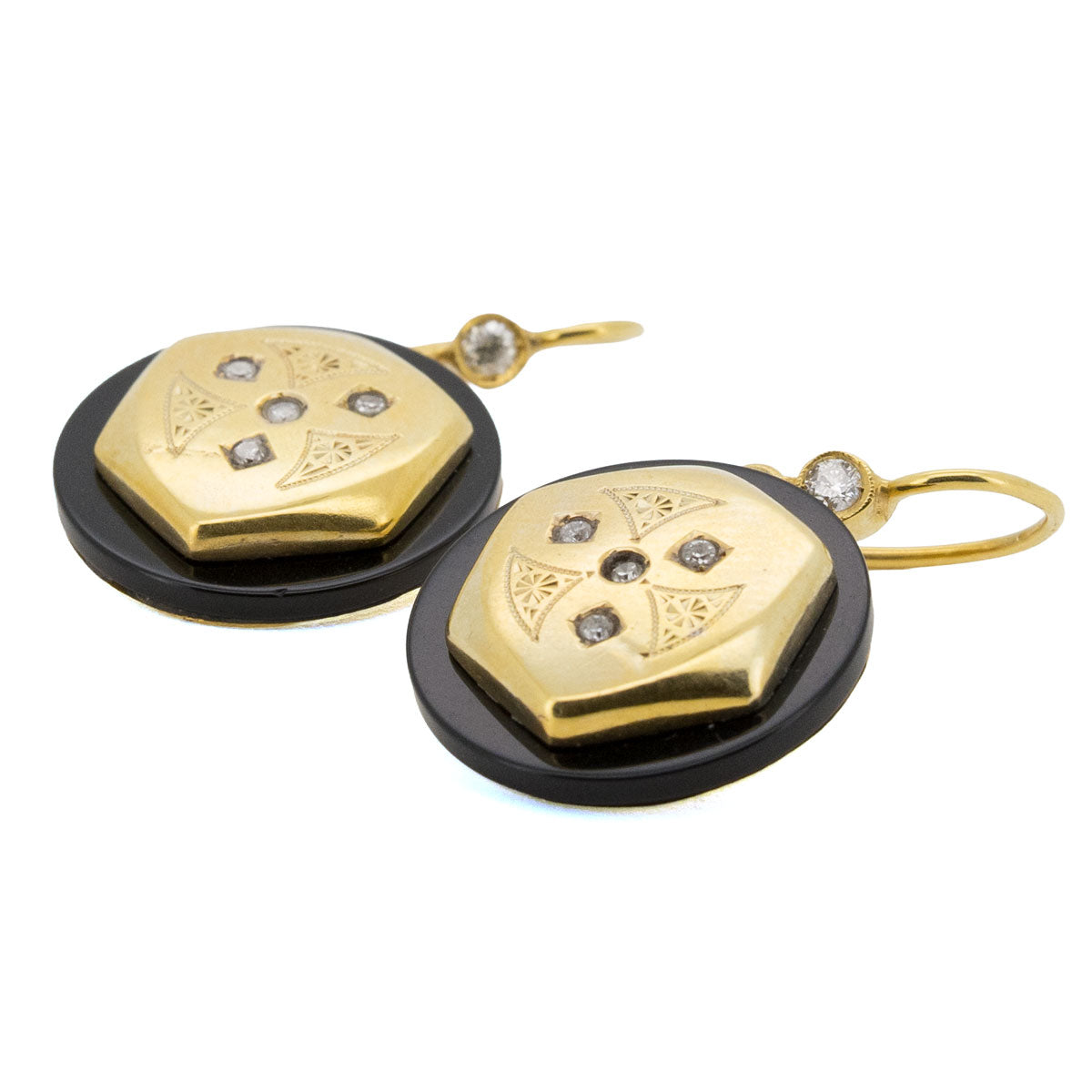 1208 – Antike Diamant-Ohrringe mit Onyx an S-Haken aus Gelbgold – Jugendstil – um 1900