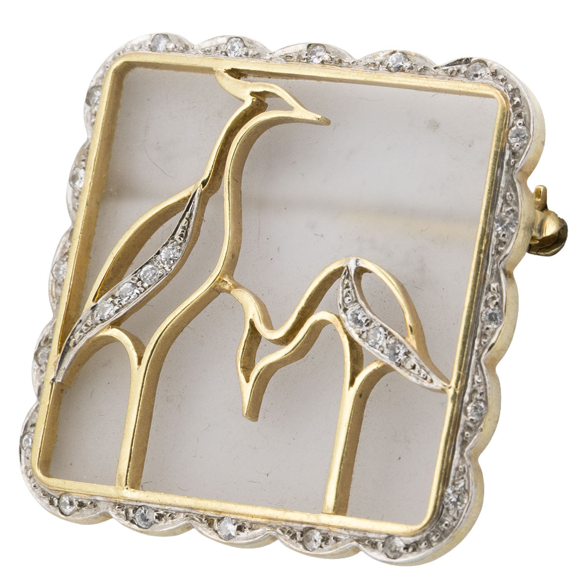 1213 – Antike Bergkristall - Diamantbrosche mit Darstellung zweier Kraniche aus 333 Gelbgold – Art Deco – um 1930