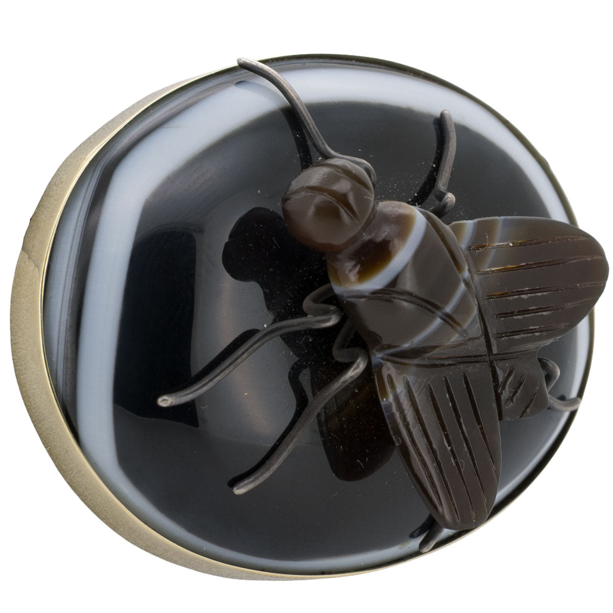 1215 – Antike viktorianische Brosche mit Sardonyx Fliegenmotiv aus 585 Gelbgold – um 1870