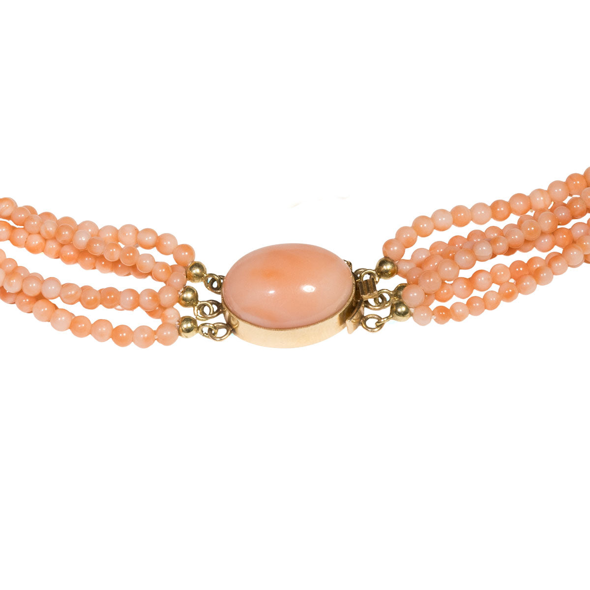 1220 – Sechsreihiges Collier aus natürlicher Engelshautkoralle mit Goldelementen aus 585 Gelbgold – Vintage