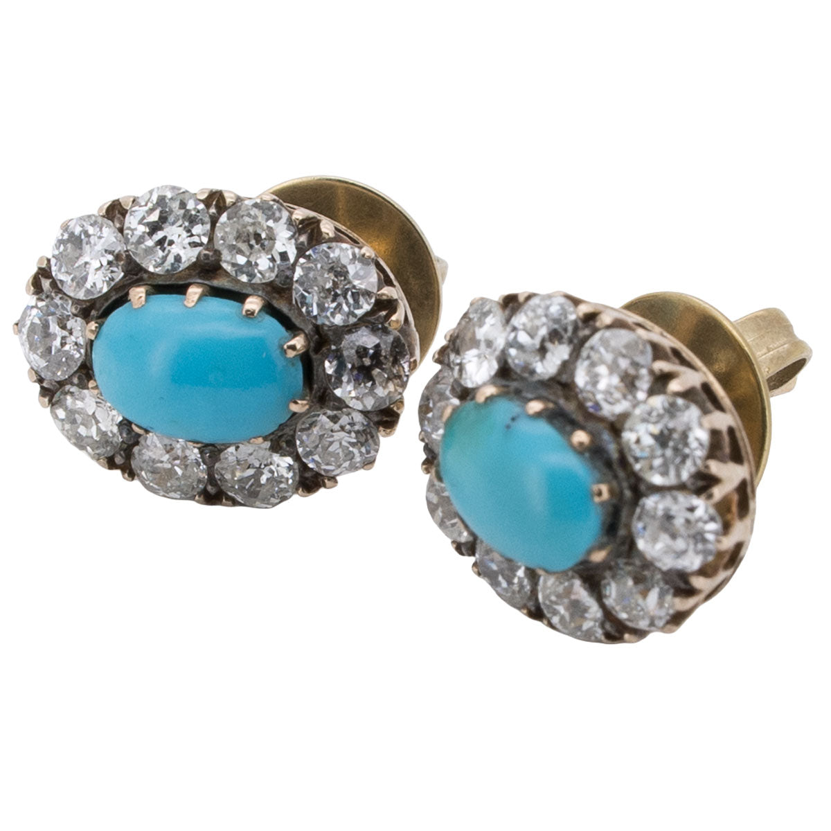 1221 – Antike Blümchen Ohrringe mit Türkis Cabochon und Diamanten aus 585 Gelbgold – um 1880