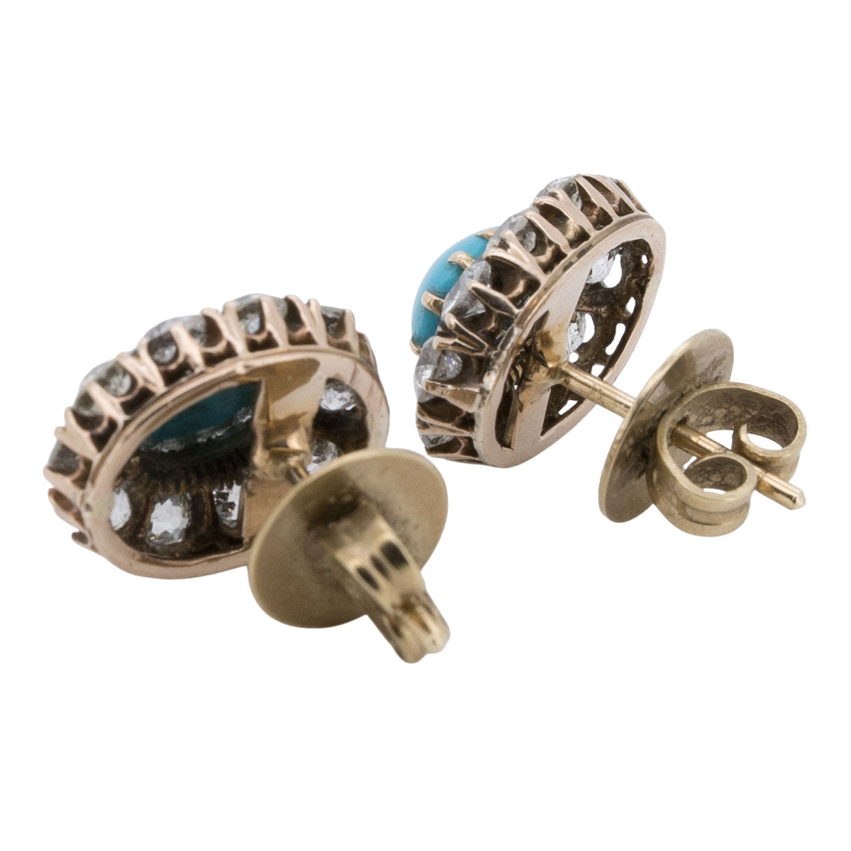 1221 – Antike Blümchen Ohrringe mit Türkis Cabochon und Diamanten aus 585 Gelbgold – um 1880