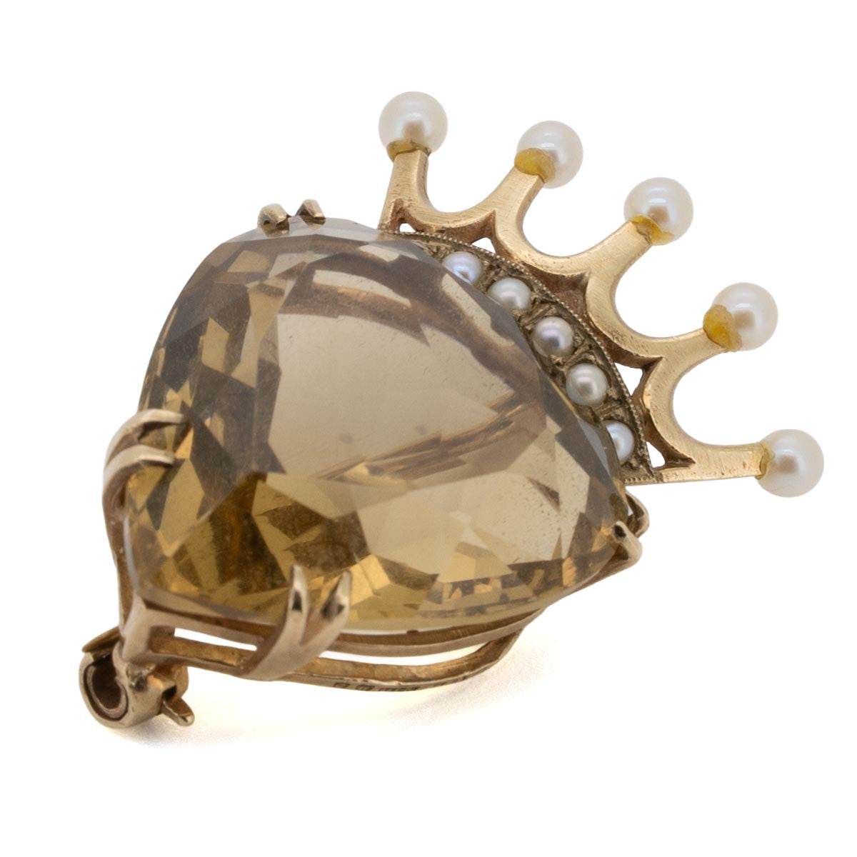 1073 antike Ritterkrone-Brosche aus Gold und Naturperlen im Jugendstil