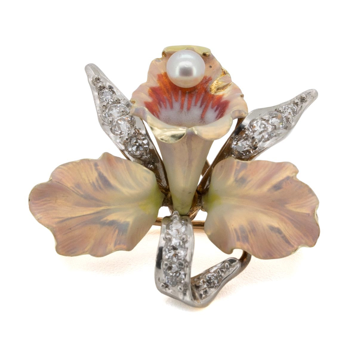 1084 antike Orchidee-Brosche im Jugendstil mit Diamanten um 1900
