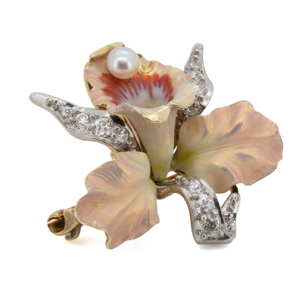 1084 antike Orchidee-Brosche im Jugendstil mit Diamanten um 1900