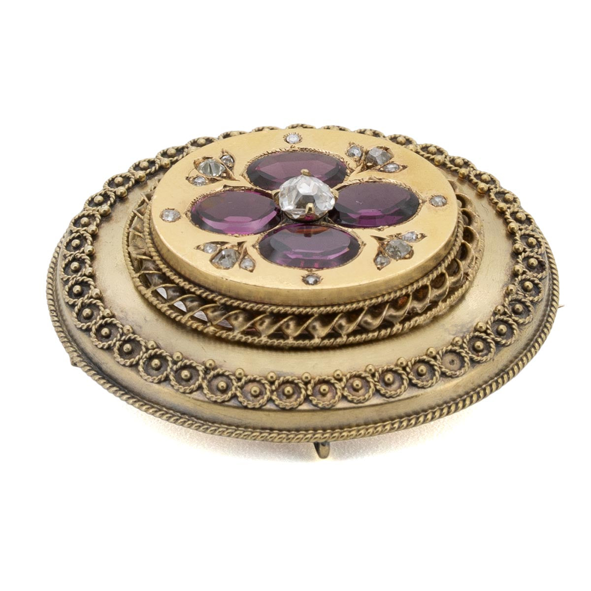 1086 antike Gold-Blumenbrosche mit Tutmalinen und Diamanten um 1840