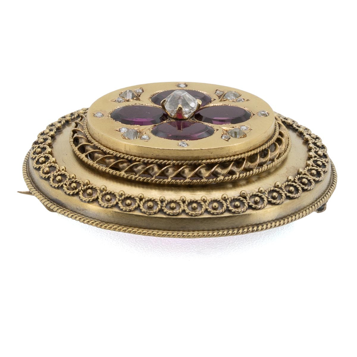 1086 antike Gold-Blumenbrosche mit Tutmalinen und Diamanten um 1840