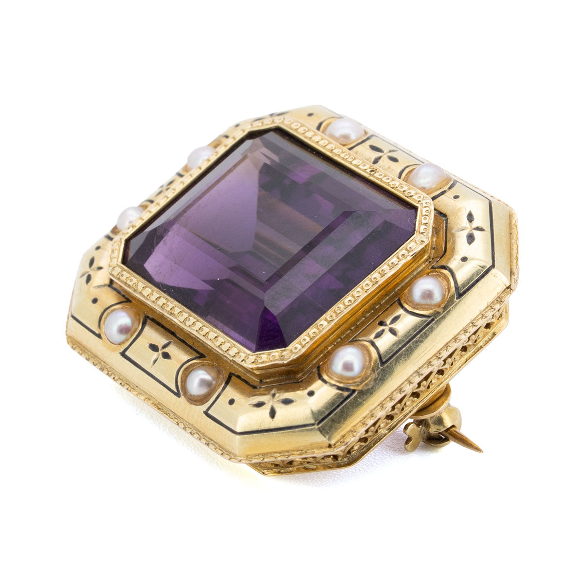 1106 – Amethyst-Perl-Emaille-Brosche – 585 Gelbgold mit Amethyst & Perlen, um 1880