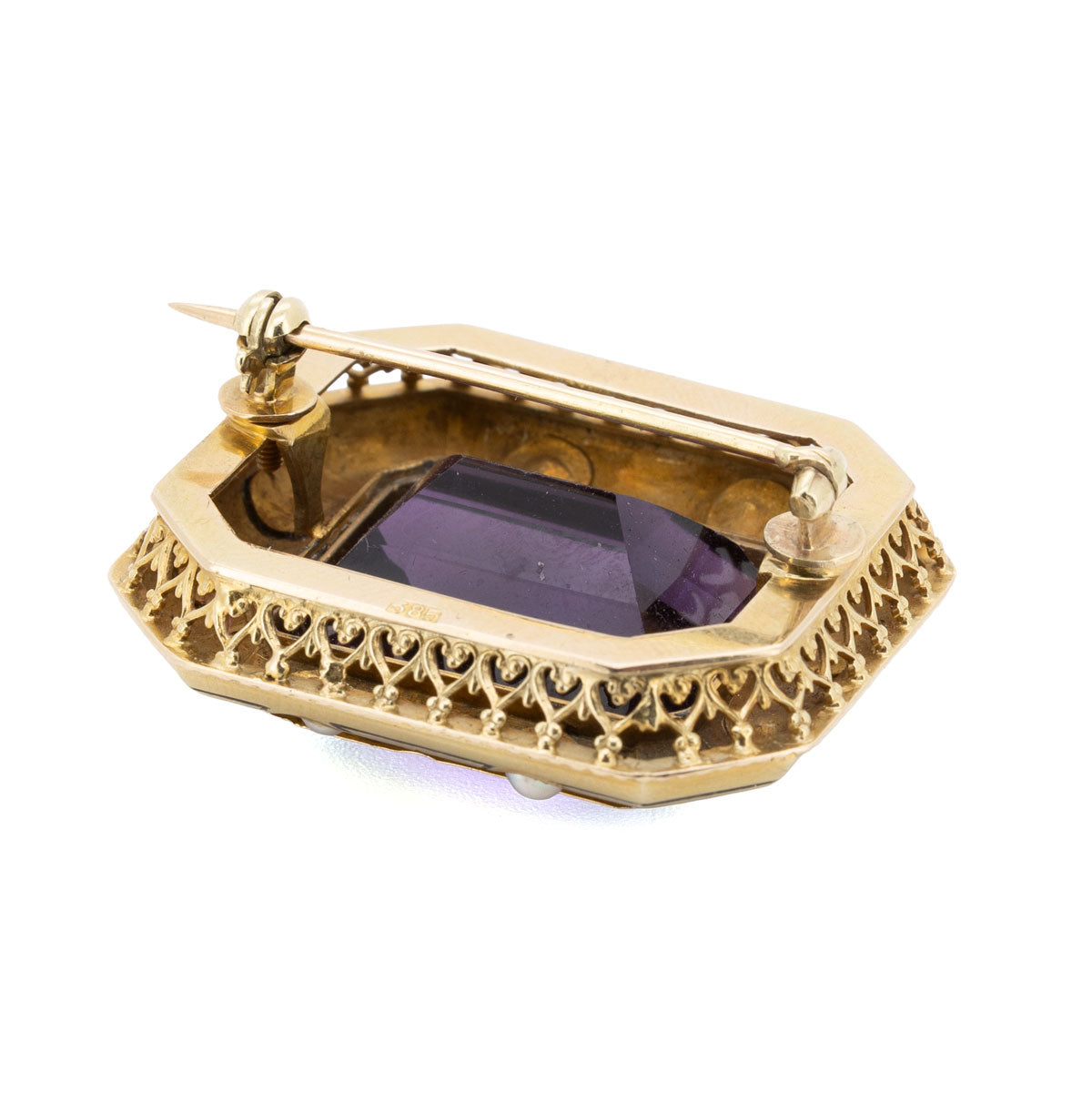 1106 – Amethyst-Perl-Emaille-Brosche – 585 Gelbgold mit Amethyst & Perlen, um 1880