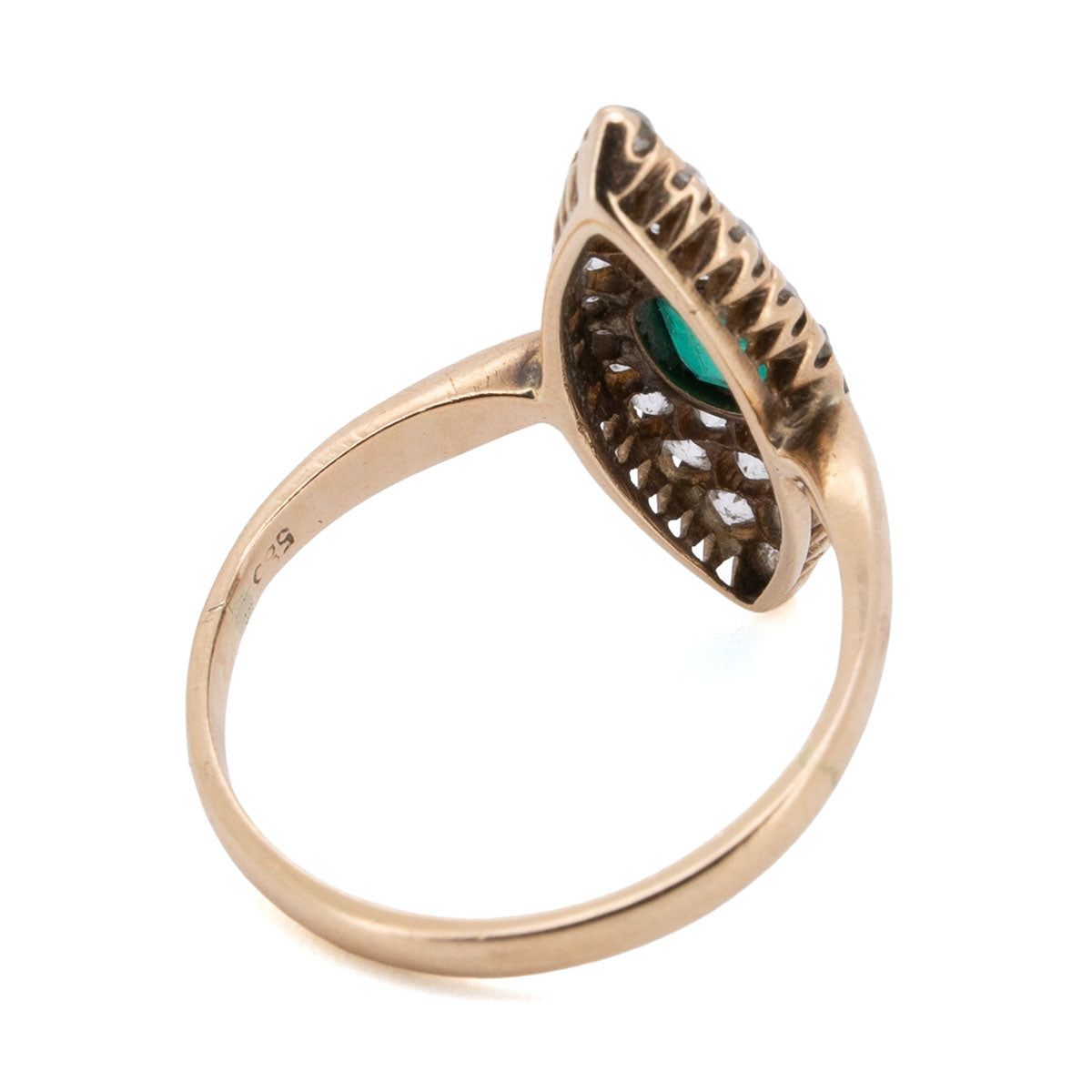 1126 – Jugendstil Schiffchen Ring mit Smaragd und Diamanten – 585 Roségold, um 1900