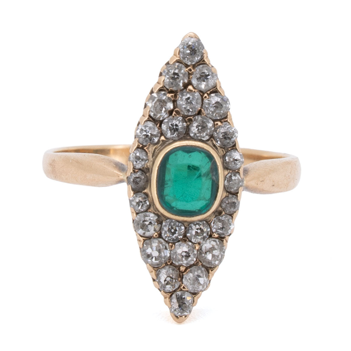 1126 – Jugendstil Schiffchen Ring mit Smaragd und Diamanten – 585 Roségold, um 1900