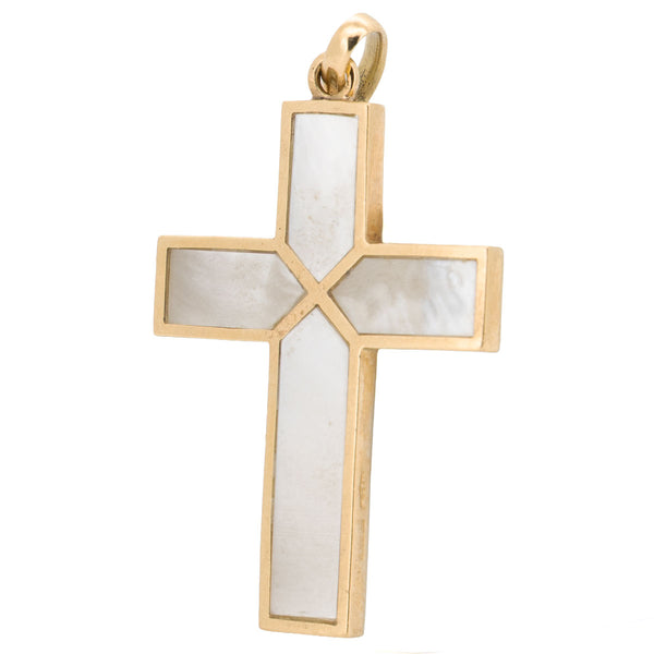 Kreuz Anhänger aus 750 Gelbgold mit Perlmutt – Vintage, um 1980