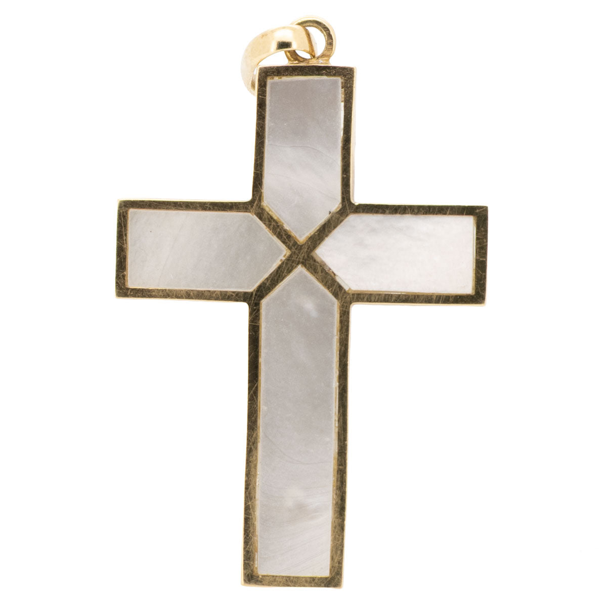 1174 – Kreuz Anhänger aus 750 Gelbgold mit Perlmutt – Vintage, um 1980