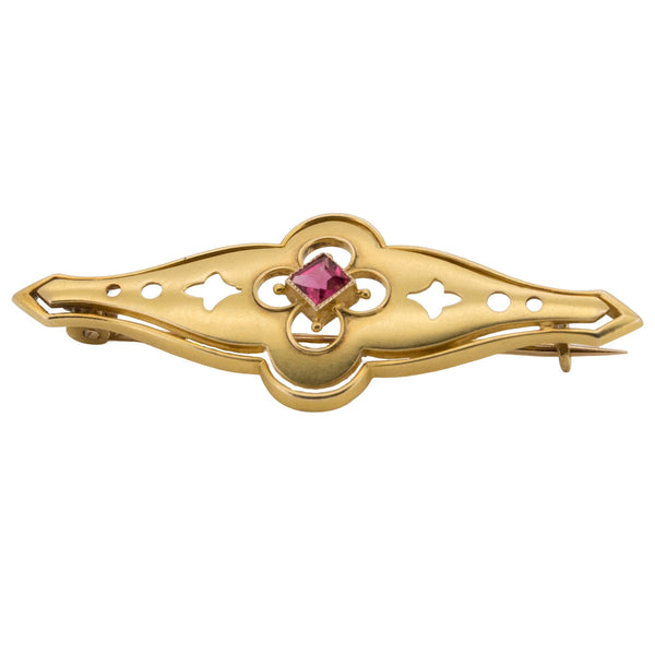 Jugendstil Brosche aus 585 Gelbgold mit Rubin – Pforzheim, um 1900