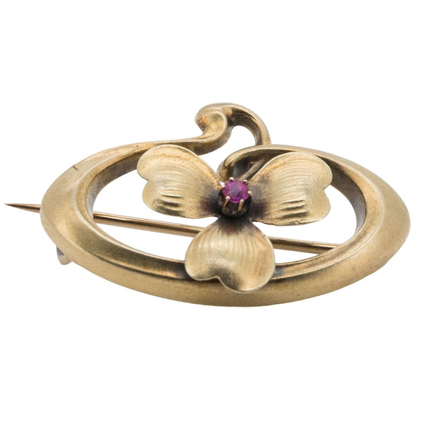 Jugendstil Brosche aus 585 Gelbgold mit Rubin – Pforzheim, um 1900