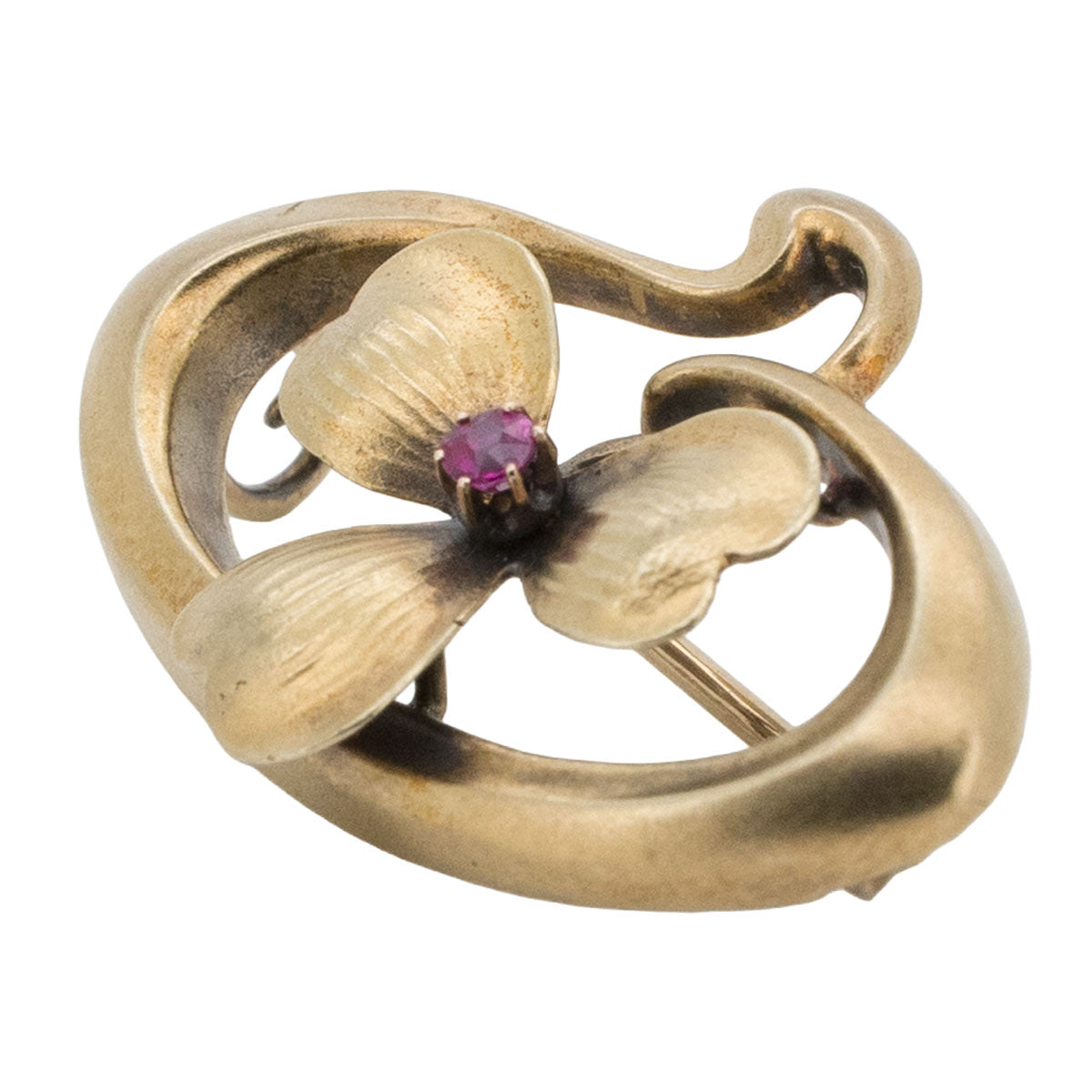 1179 – Jugendstil Brosche aus 585 Gelbgold mit Rubin – Pforzheim, um 1900