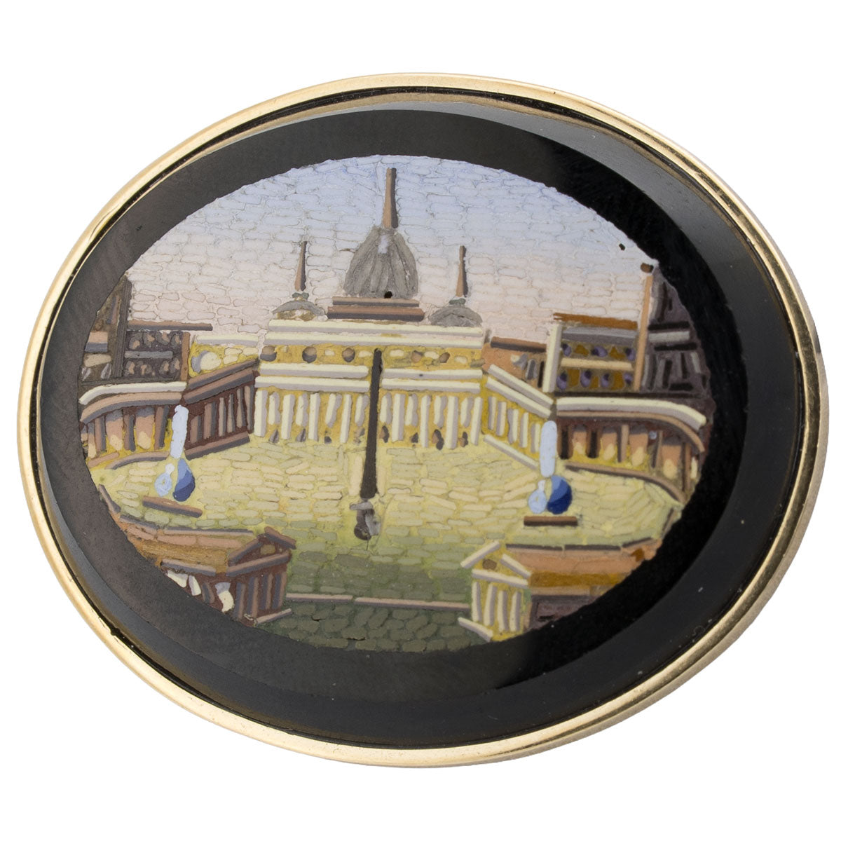 1185 – Antike Mikromosaik Brosche mit Petersplatz-Motiv in 585 Gelbgold – Italien, 2. Hälfte 19. Jahrhundert