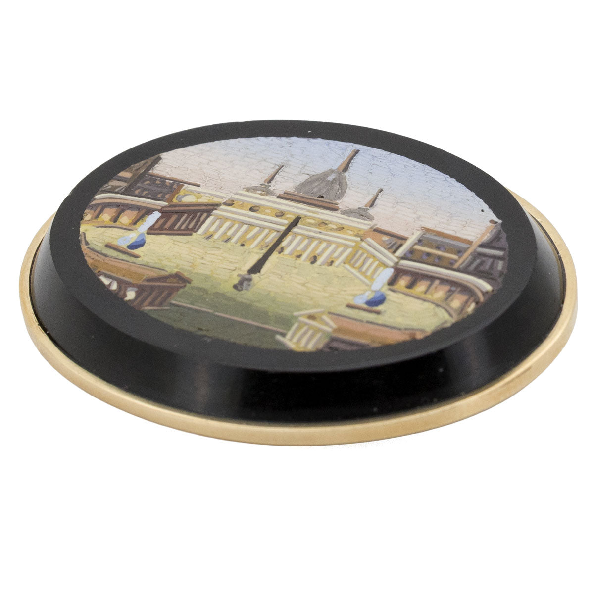 1185 – Antike Mikromosaik Brosche mit Petersplatz-Motiv in 585 Gelbgold – Italien, 2. Hälfte 19. Jahrhundert