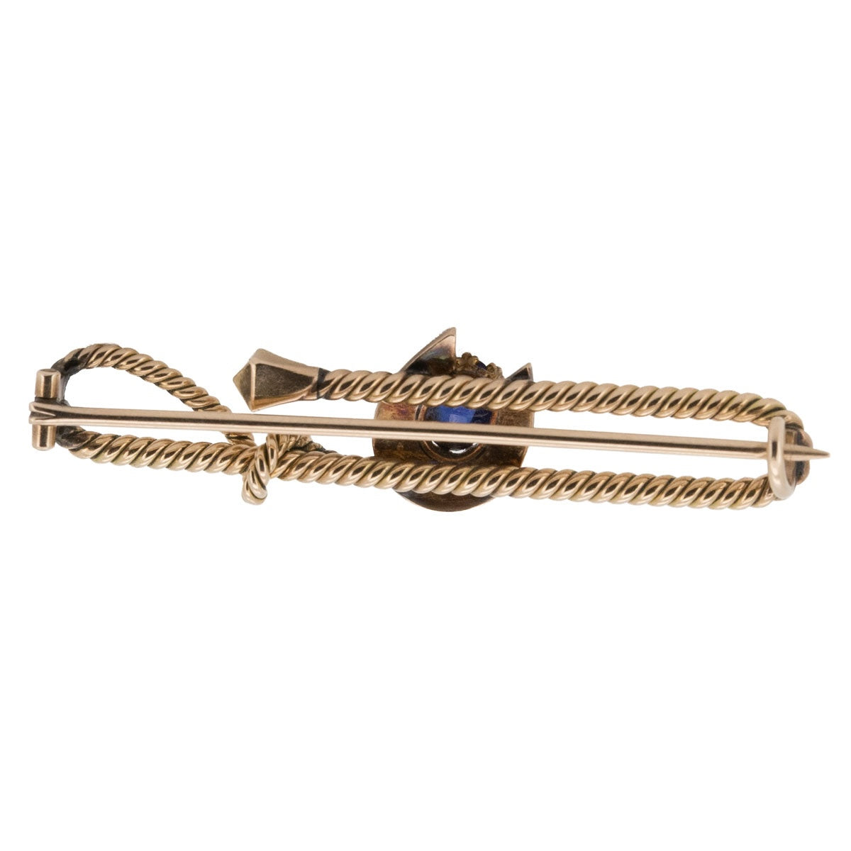 1186 – Hufeisenbrosche mit Gerte aus 585 Roségold mit Saphiren und Naturperlen – Italien, um 1880