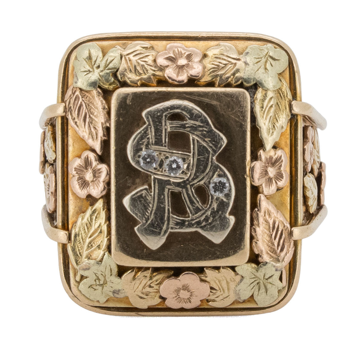 1187 – Antiker massiver Herrenring aus 585 Rosé- und Gelbgold mit Diamanten und Initialen „RS“ – Italien, um 1940