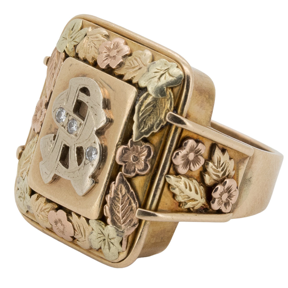 1187 – Antiker massiver Herrenring aus 585 Rosé- und Gelbgold mit Diamanten und Initialen „RS“ – Italien, um 1940