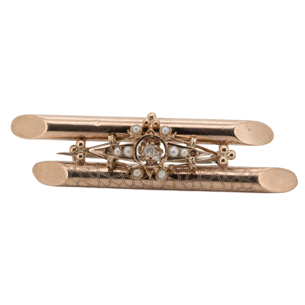 1190 – Biedermeier Brosche aus 585 Roségold mit Naturperlen und Diamanten – Berlin, um 1850