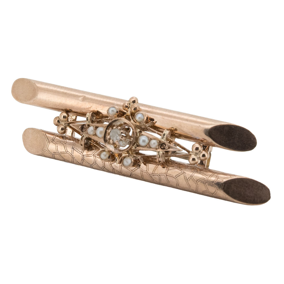 1190 – Biedermeier Brosche aus 585 Roségold mit Naturperlen und Diamanten – Berlin, um 1850